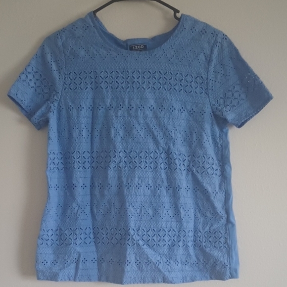 Izod Women's 100%‎ Cotton Cornflower Blue Cutout Blouse Size Small Boxy Eyelet - Picture 1 of 9